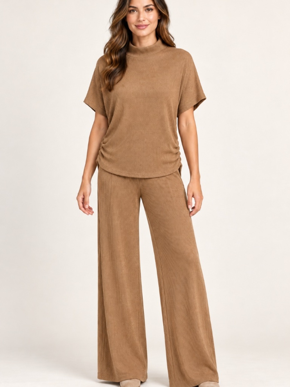 Zenana Camel Brown Sweater Top & Wide-Leg Pants Set